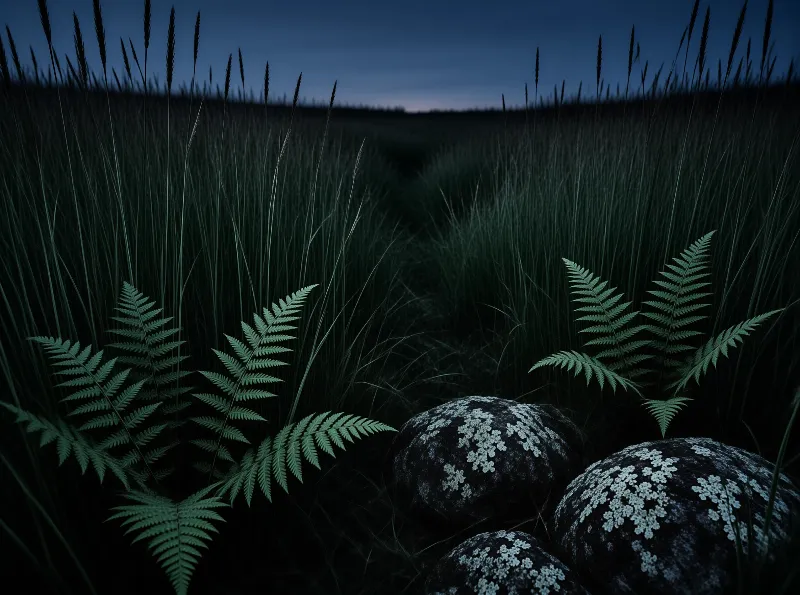 Silhouette of ferns and lichen-covered stones nestled in a field of tall grass under a deep blue twilight sky