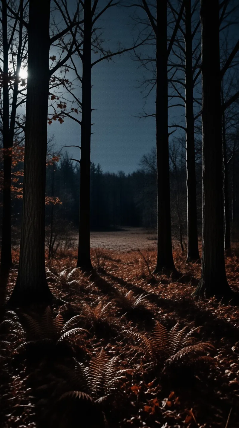 Moonlight filters between tall bare tree trunks over a forest floor thick with rust colored ferns.