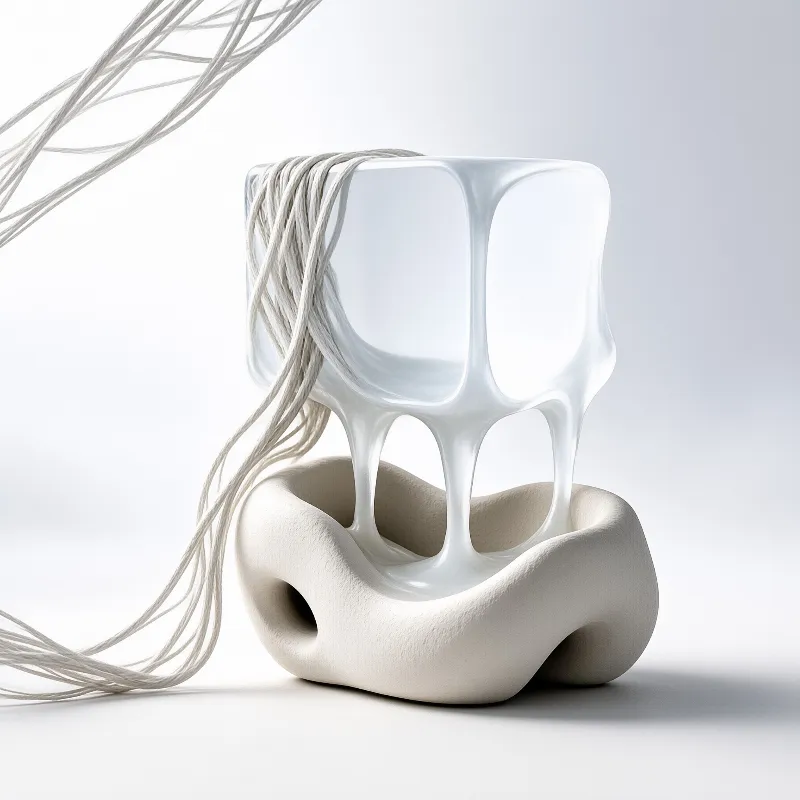 A white sculpture with a porous base rests on a clean surface while thin fibers drape over the top edge.