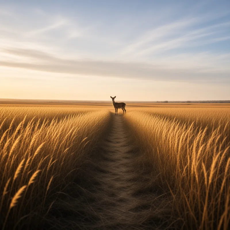 A lone deer waits at the far end of a trodden trail that cuts through tall amber grass under a soft pastel sunset.