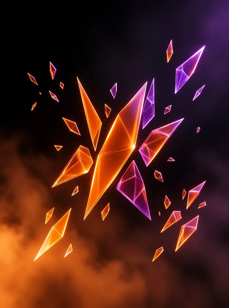 Translucent geometric shapes burst outward against a smoky background lit by fiery orange and violet neon lighting.