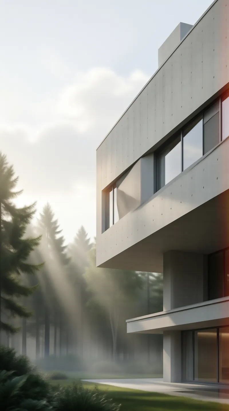 Modern Concrete Villa in Misty Forest