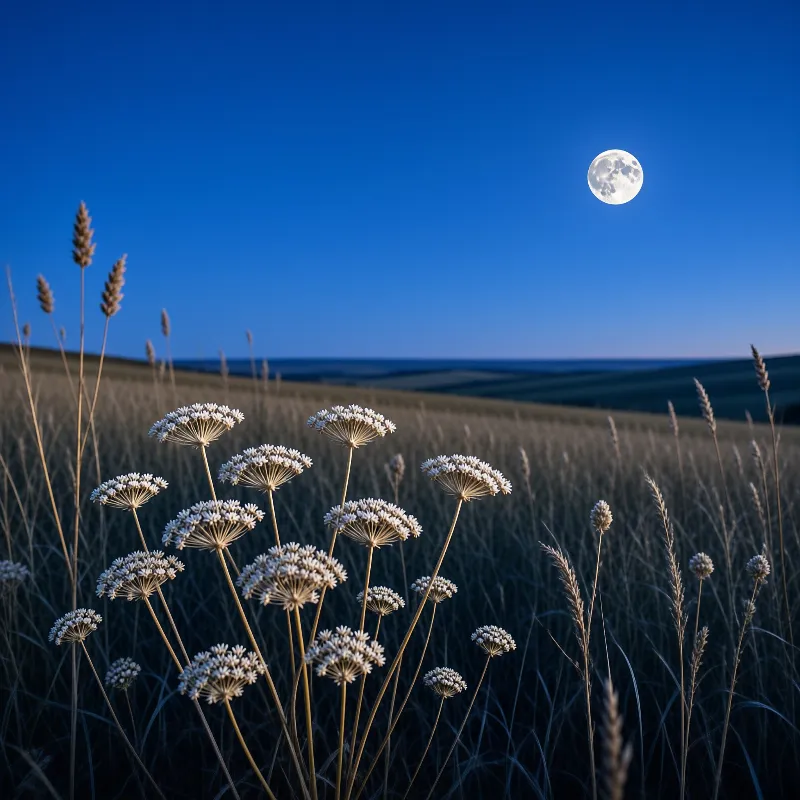 Delicate white umbel wildflowers glow against a deep blue dusk sky beneath a bright full moon over rolling grassland.