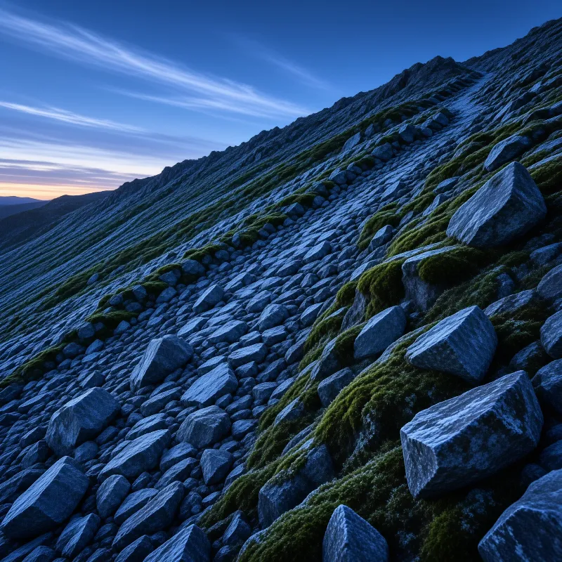 A steep mountainside of grey rocks and green moss cushions slopes upward under a dusk sky with faint cloud streaks.