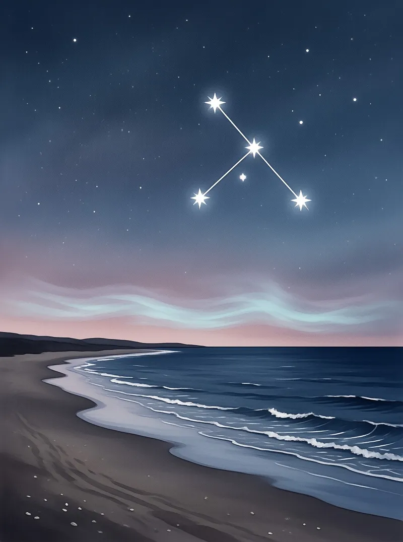 A digital illustration showing a dark blue night sky with connected stars above a calm ocean and sandy beach at twilight.