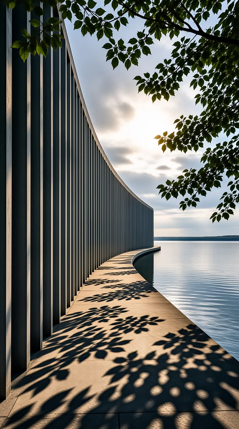 A long vertical slat structure curves alongside a paved walkway next to a calm body of water. Tree branches hang from the upper right corner casting distinct dark shadows across the ground. The sky above is cloudy with soft light illuminating the scene and the distant horizon.