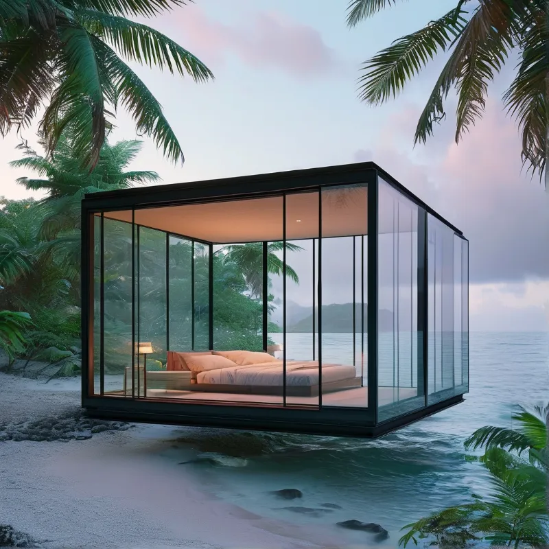 A transparent structure houses a bed while hovering over calm waters near sandy shores under a pastel sky.