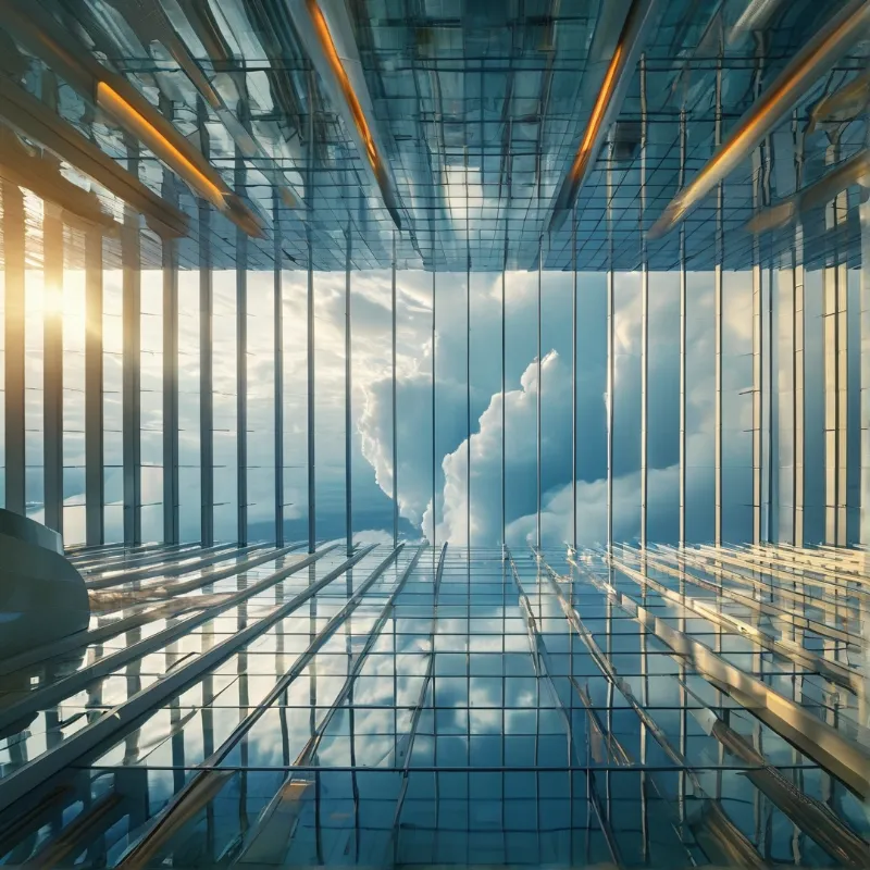 Vertical metal beams and glass panels frame a view of the sky and clouds from within a transparent structure.
