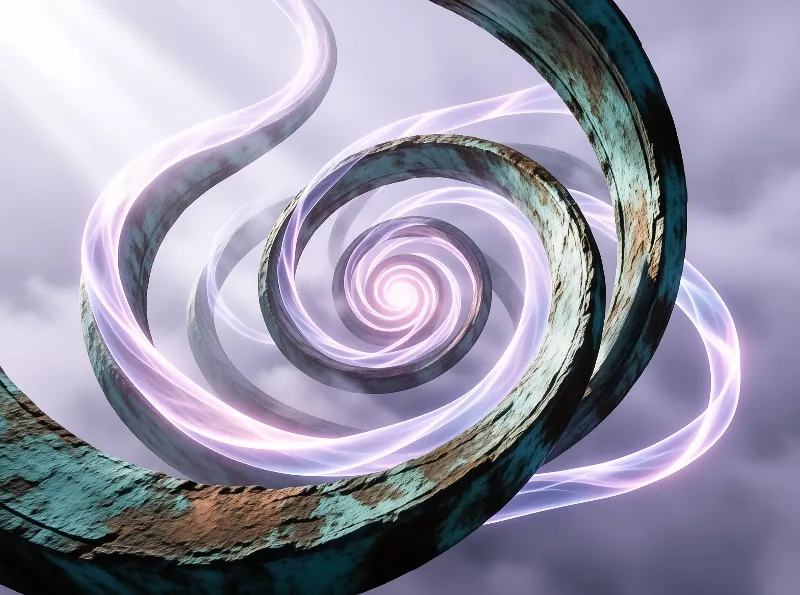 A spiral structure of weathered bark and glowing purple energy curves inward against a pale sky.