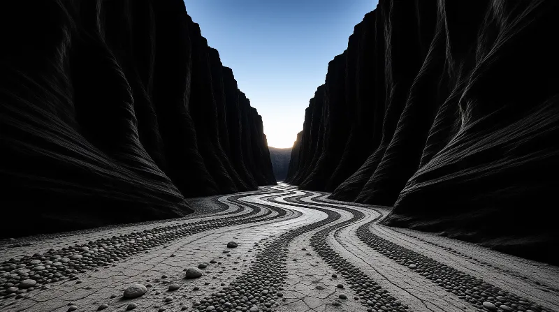 An S shaped trail of cracked earth and rounded pebbles winds between dark canyon walls toward glowing light.