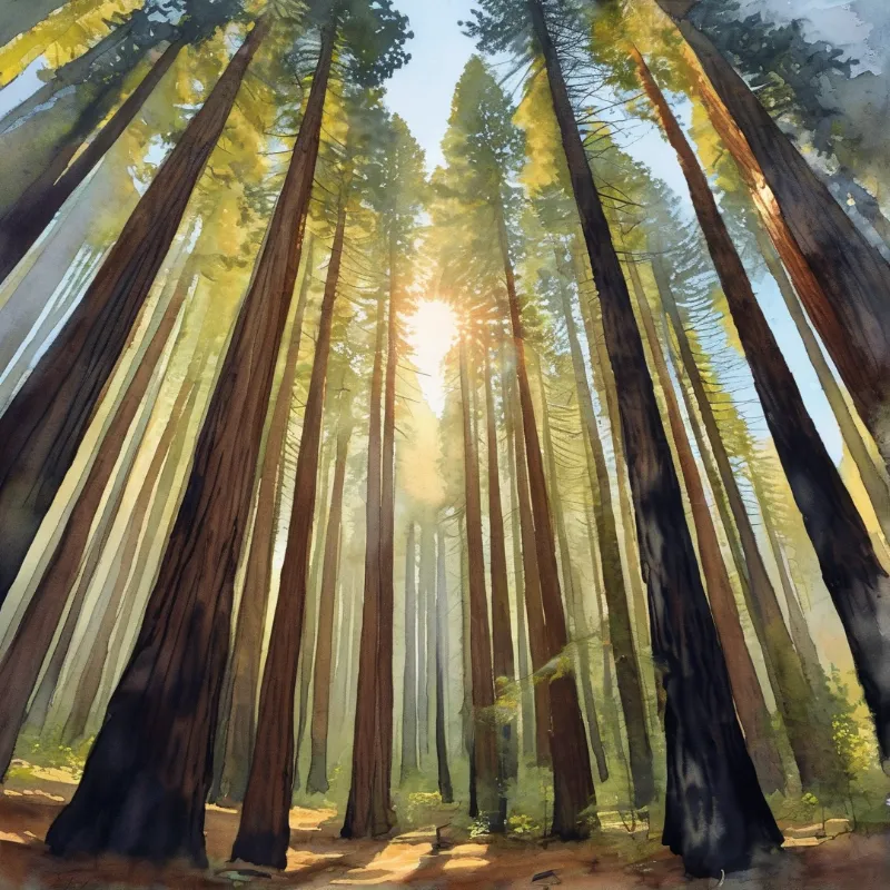 Watercolour view straight up through tall redwood trunks, their canopies parting around a warm burst of sunlight