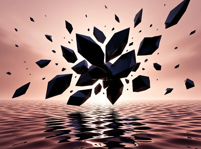 Dark geometric fragments float upwards from a calm sea surface beneath a soft pink sunset sky.