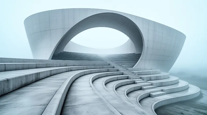 A massive white concrete archway stands over sweeping curved staircases disappearing into foggy blue light.