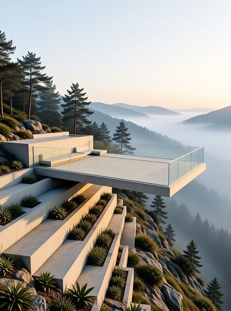 A sleek concrete building features a cantilevered terrace with glass railings and tiered concrete planters filled with spiky succulents, perched on a rocky hillside above a dense pine forest obscured by soft fog.