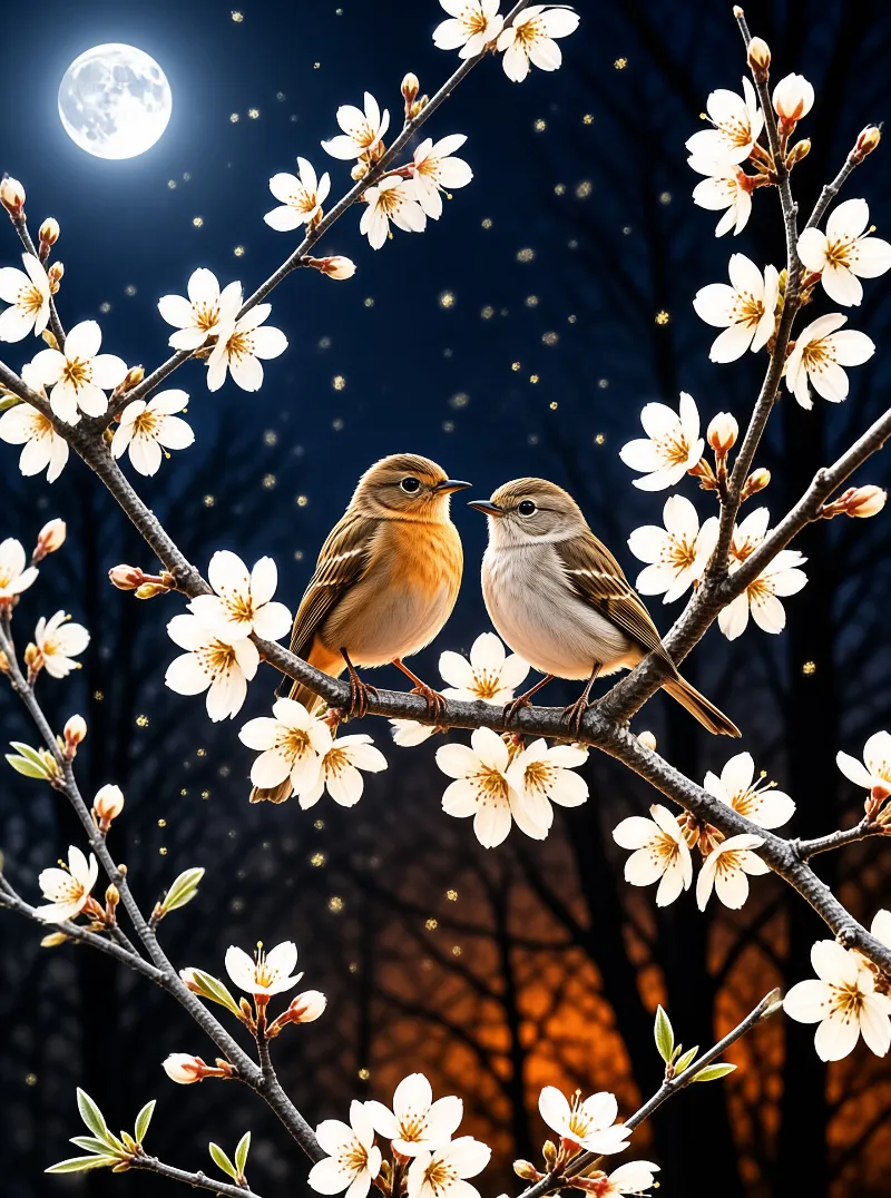 Two small birds face one another on a branch of white flowers under a bright full moon in the night sky.