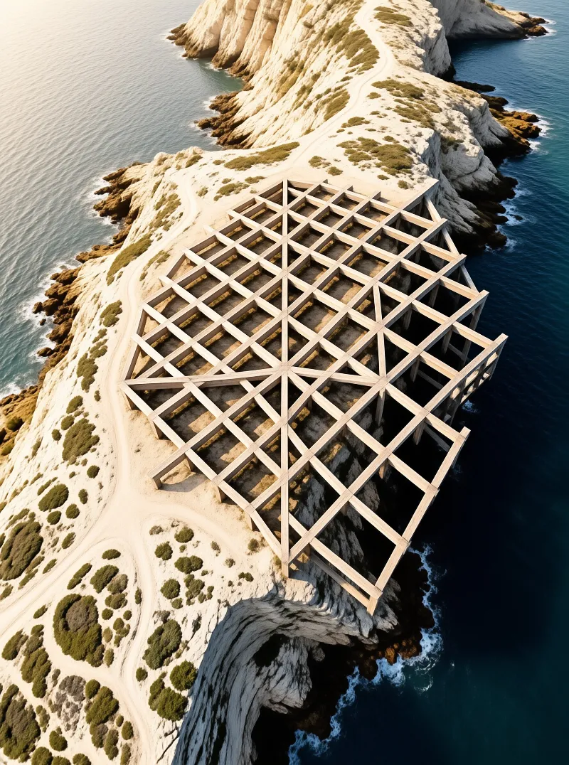 Aerial view of a large open timber grid structure built along a rugged coastal cliff overlooking the deep blue ocean.