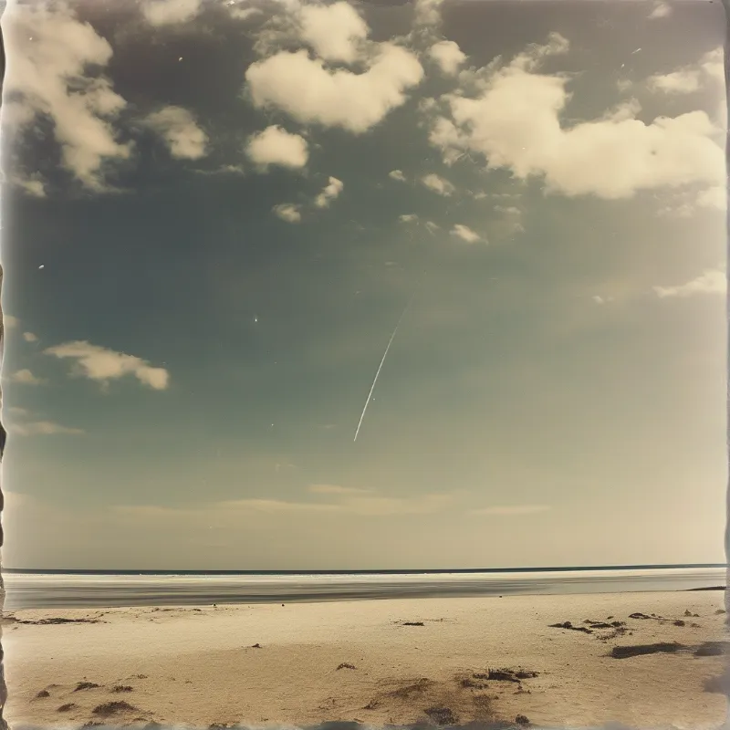 Wide low horizon beach with damp sand foreground and pale cumulus cloud sky, faint diagonal light streak cuts across the sky.