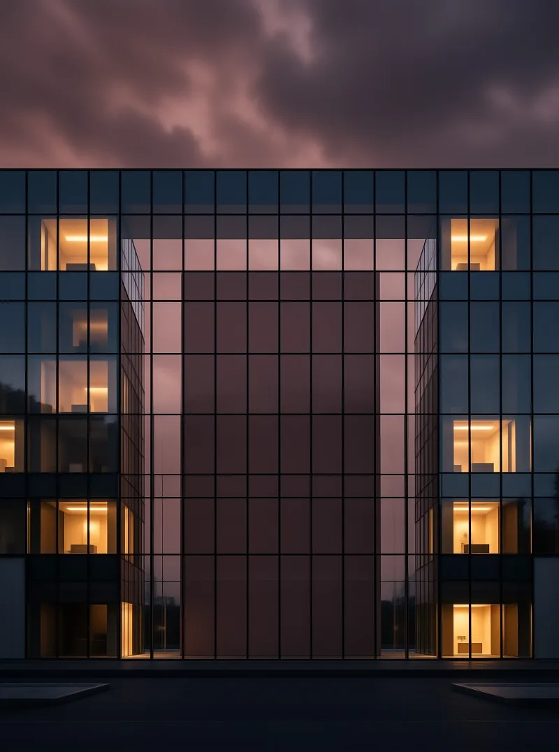 A symmetrical view of a modern glass building exterior where warm yellow interior lights glow against a reflective twilight sky.