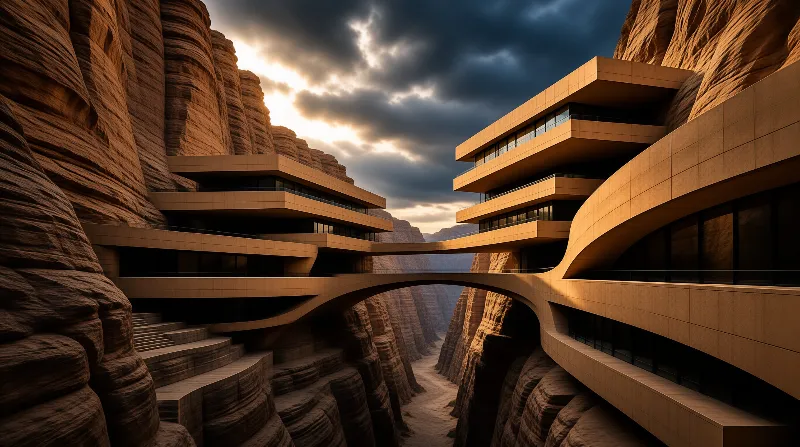 Curved concrete architecture is built into the walls of a deep canyon with sunlight breaking through clouds.
