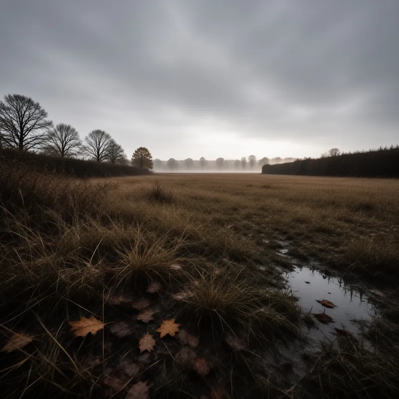 A muddy track cuts through a misty field with fallen leaves and distant trees fading into fog.