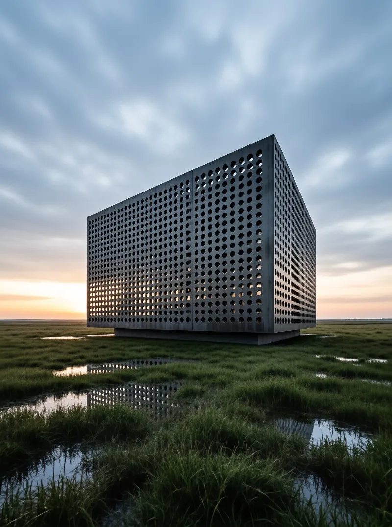 A gridded perforated building glows above a reflective wetland marsh at a warm sunset.