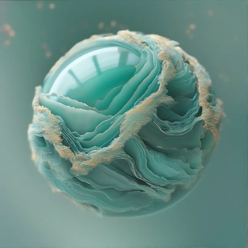 A glossy teal sphere of banded agate veined with gold dust floats against a soft muted green field.