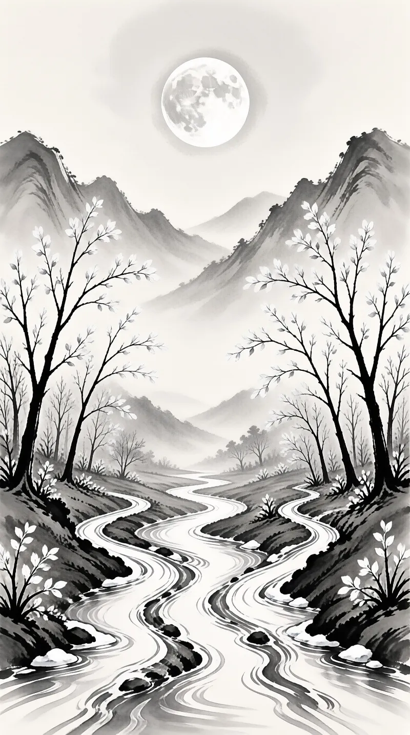 A black and white landscape depicting a winding river passing through trees under a bright moon.