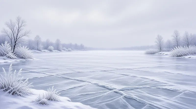 A frozen lake stretches beneath a pale sky, its cracked ice bordered by snow coated reeds and bare winter trees.
