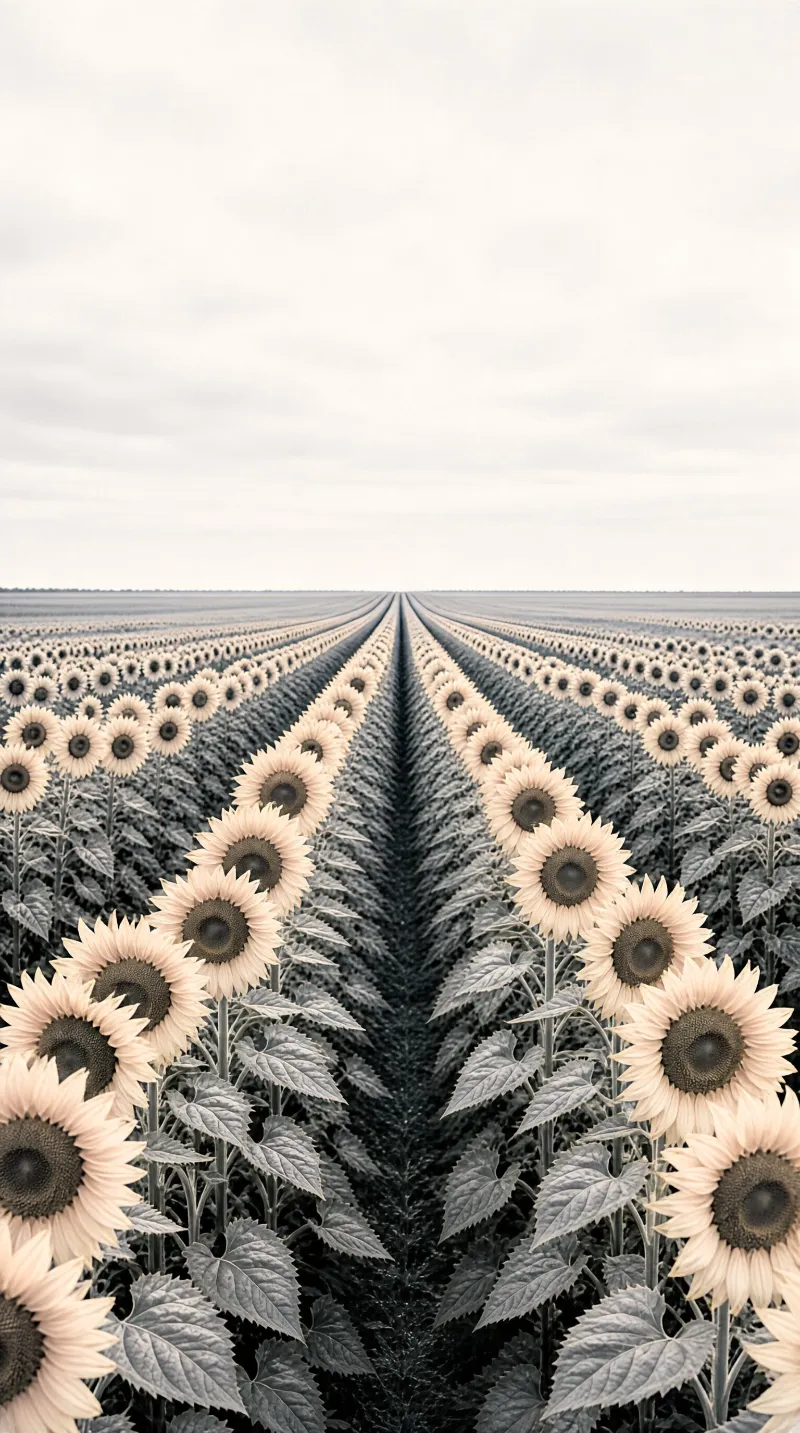 A large field of sunflowers with rows extending far into the distance under a pale, overcast sky.