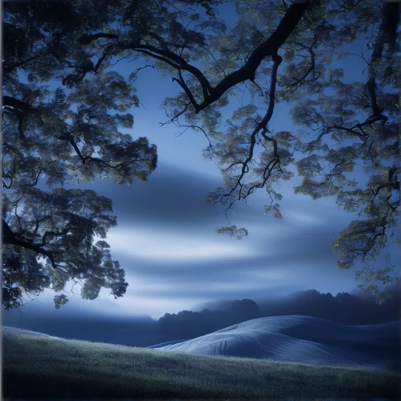 Dark tree branches frame a view of rolling hills covered in mist under a deep blue sky.