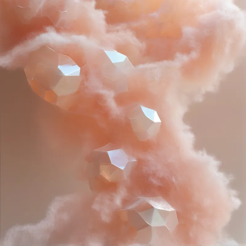 Faceted geometric stones float vertically within a soft expanse of salmon-colored clouds illuminated by gentle diffused light.