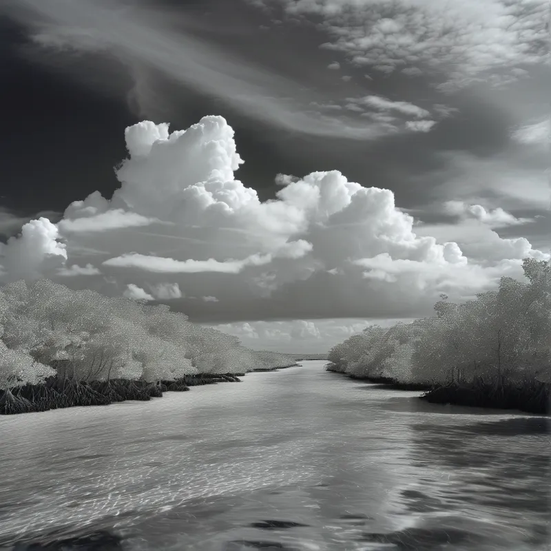 A calm waterway winds between dense coastal vegetation while massive bright clouds dominate the sky.