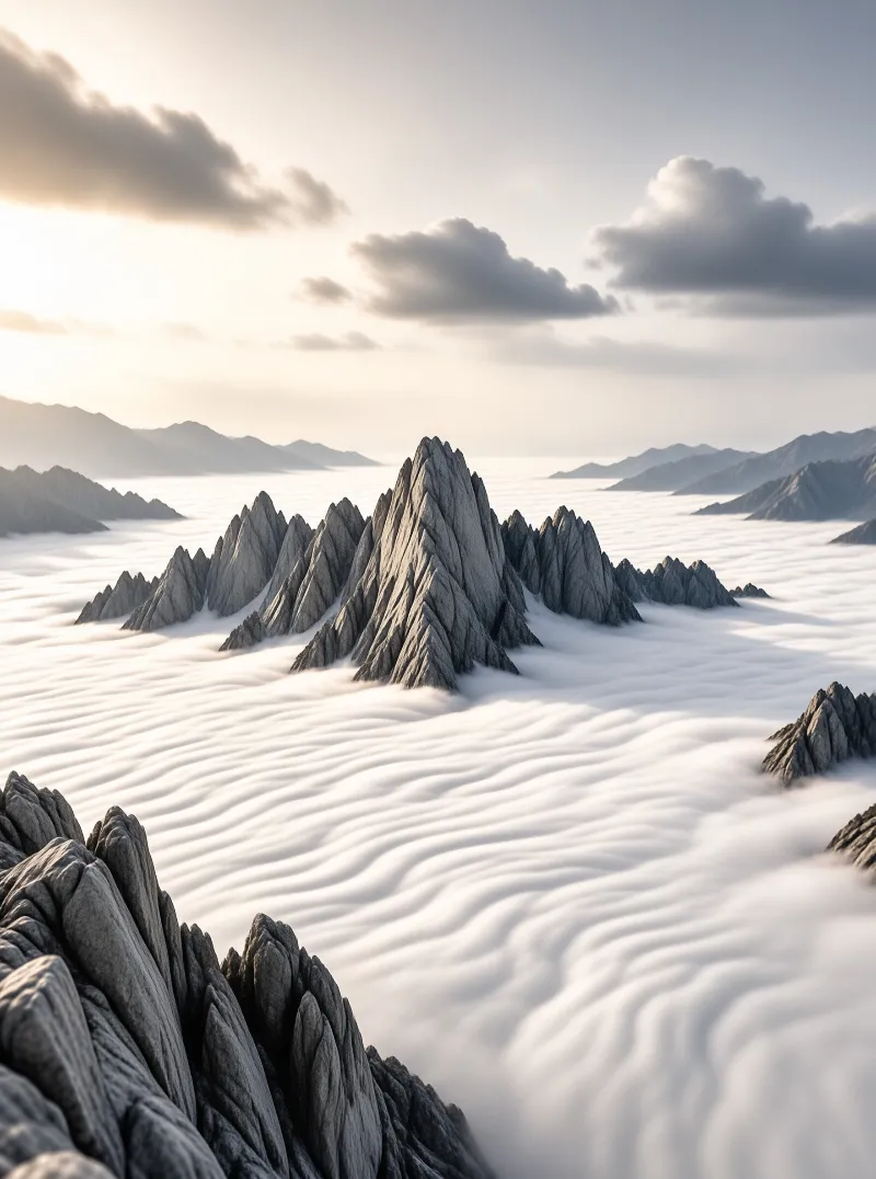 A cluster of sharp gray rock spires stands tall above a vast ocean of white clouds under a bright sky.