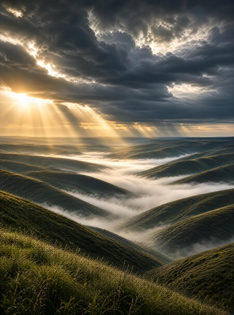 Sunrays Over Misty Hills