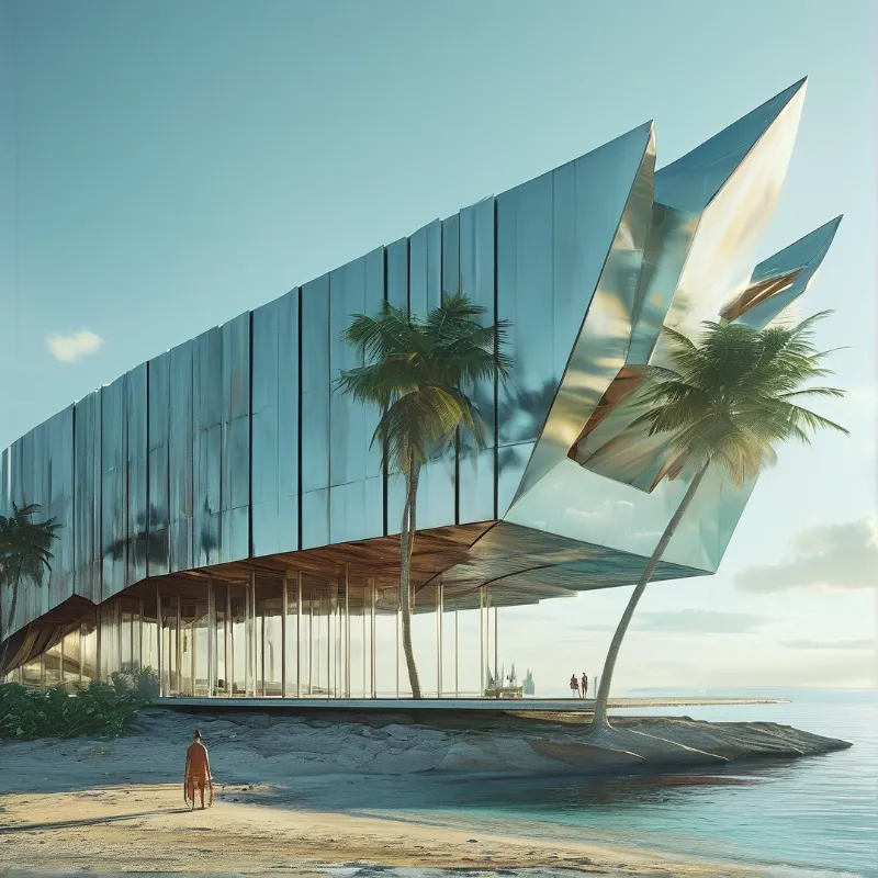 A futuristic building with a shiny silver facade stands near the ocean surrounded by palm trees in warm evening light.