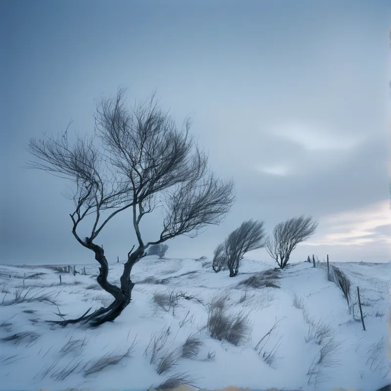 A large bare tree leans right in a snowy field while smaller trees share the wind direction under a pale sky.