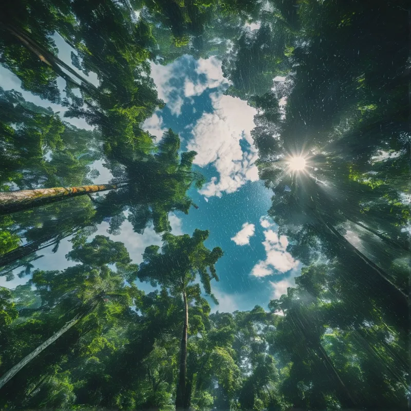 Tall green trees surround a patch of blue sky with white clouds while the sun shines through the leaves on the right.