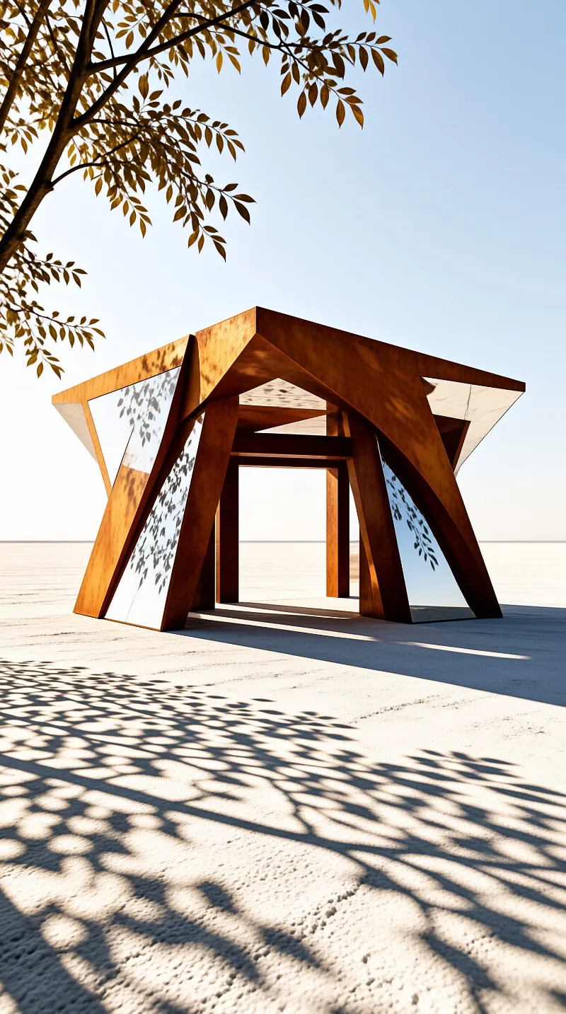 A rust colored steel shelter with mirrored panels stands on pale salt crust as leaf shadows cross the foreground.