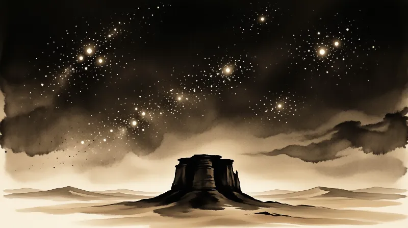 Silhouette of a desert butte set against a sepia toned sky scattered with numerous glowing stars.