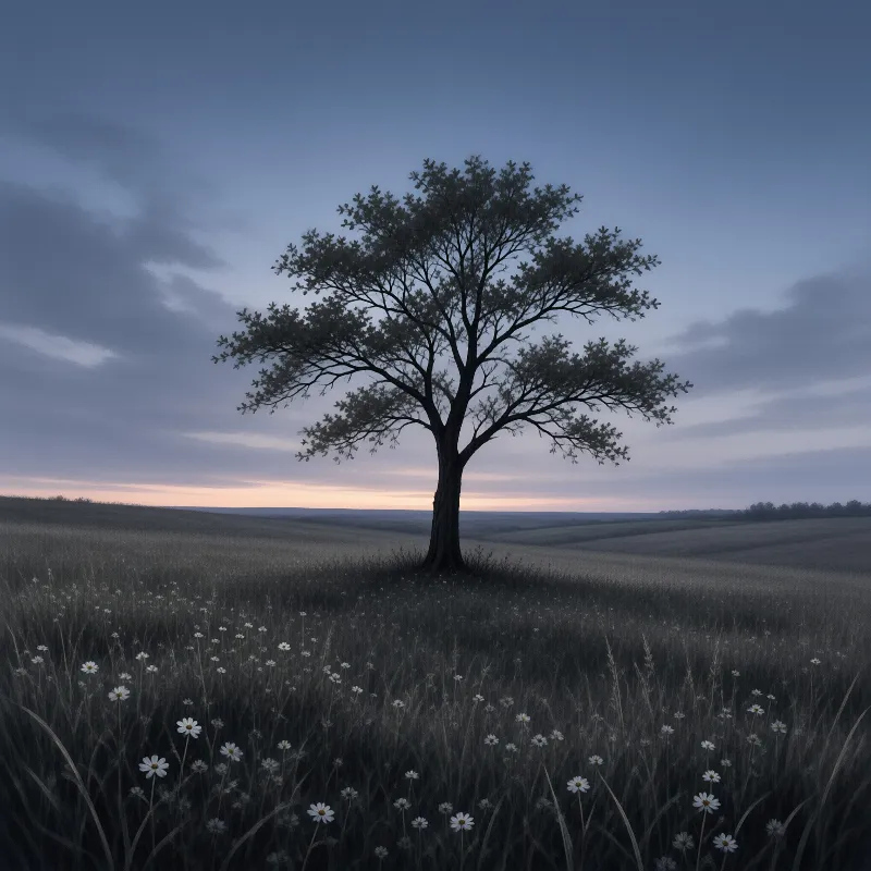 A lone tree silhouette rises above a field of white flowers during the soft light of early evening.