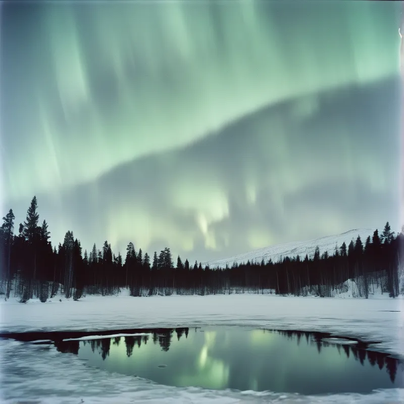 Green northern lights shine above dark evergreens while reflecting in the still water of a partially icy lake.