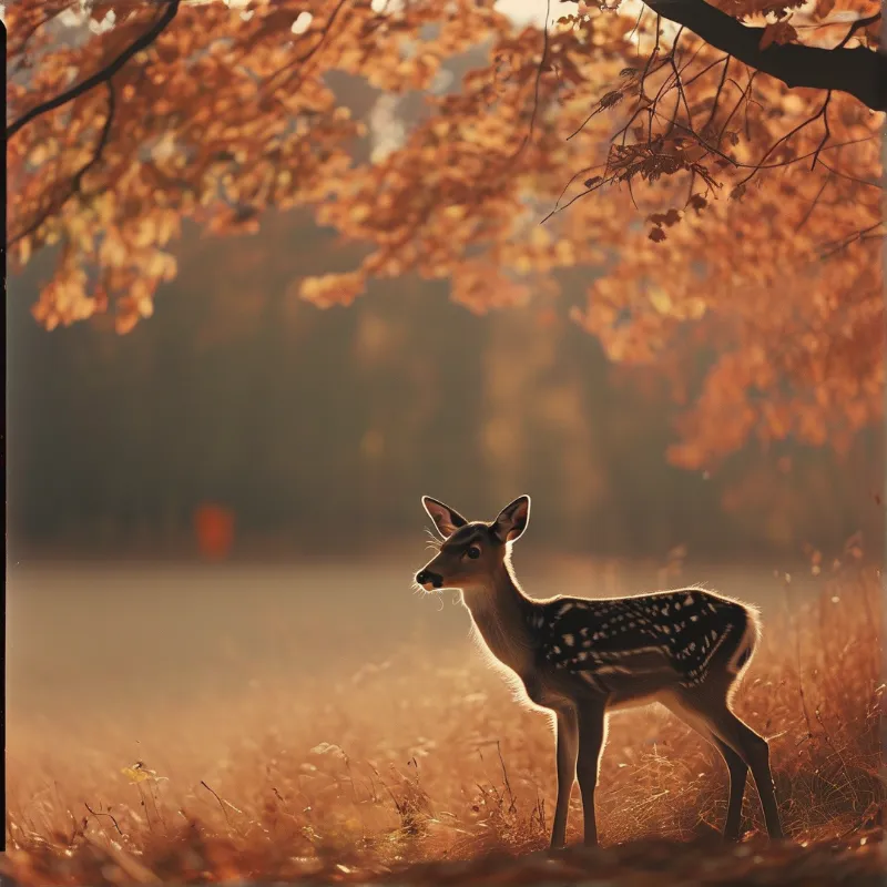 A young spotted deer stands alert in a field of dry grass beneath orange autumn leaves illuminated by warm sunlight.