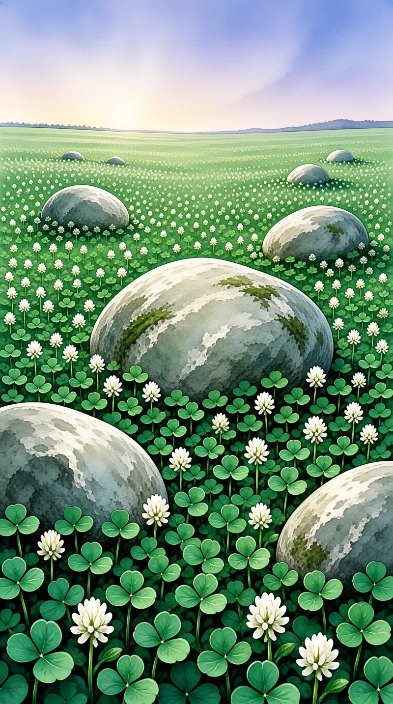 Large rounded stones sit in a green field of clover and white flowers under a soft pastel sunrise sky.