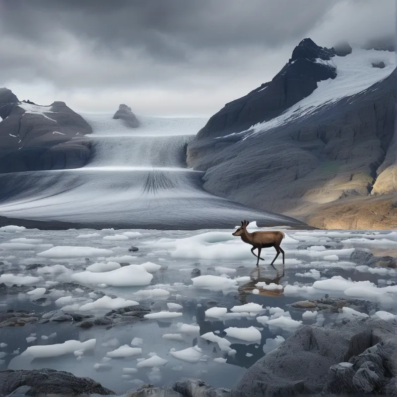 A brown deer walks across floating ice chunks in front of a large glacier and rocky mountains under an overcast sky.