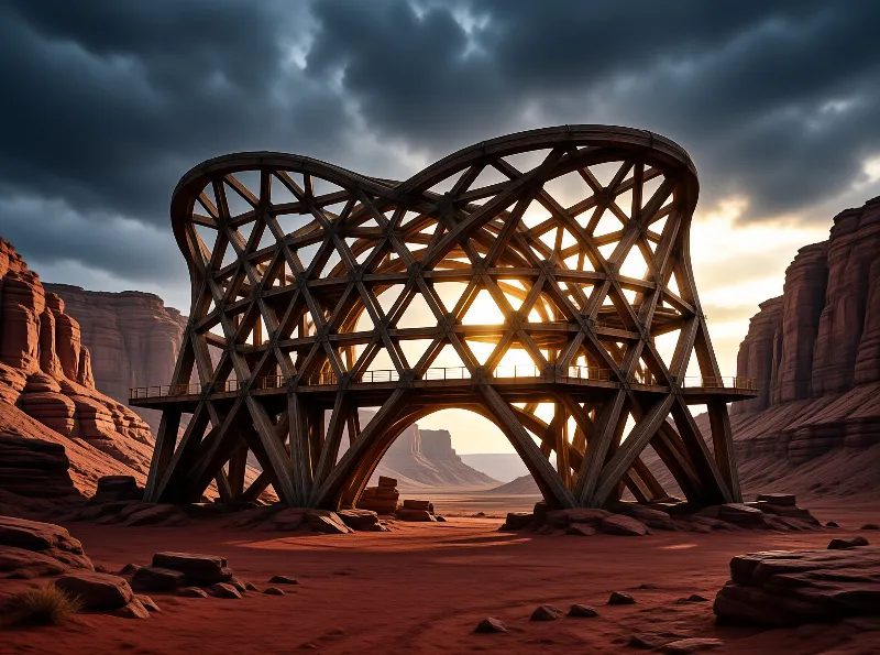 A massive wooden lattice structure stands in a red canyon illuminated by sunset.