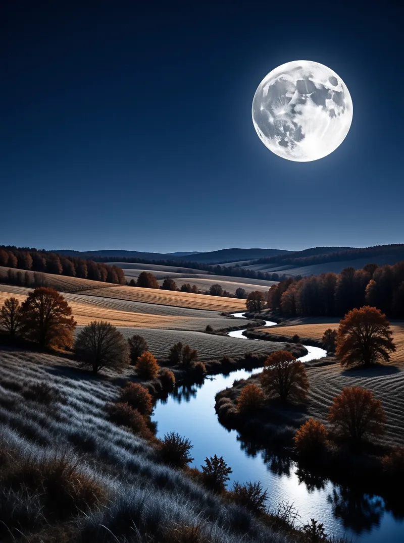 Massive moon shines brightly over dark blue sky while reflecting in a winding river through rural fields.