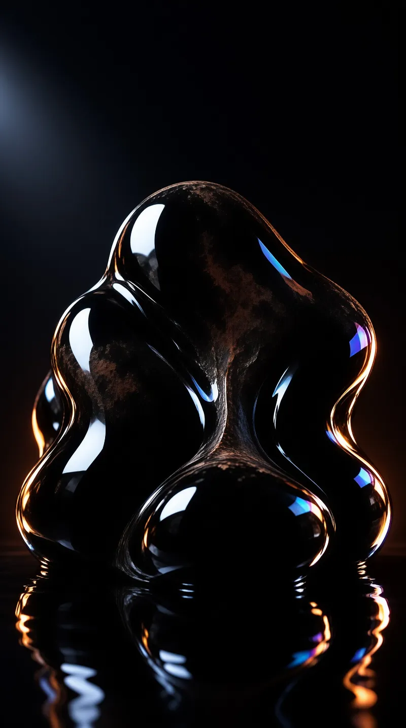A molten black glass form catches violet and amber highlights along its edges above a dark rippled surface.