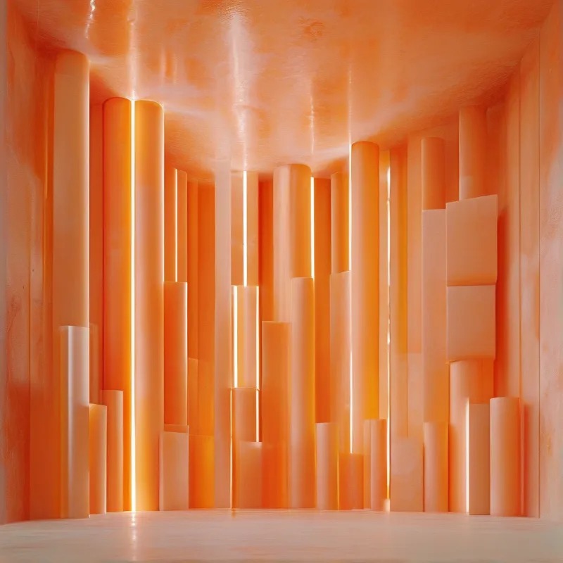 A minimalist interior filled with vertical orange cylinders that emit bright lines of light.