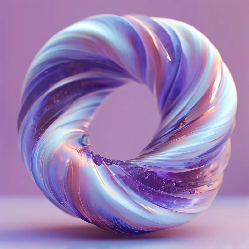 A glossy twisted glass ring displays swirling blue purple and pink reflections with scattered water droplets against a muted lavender setting