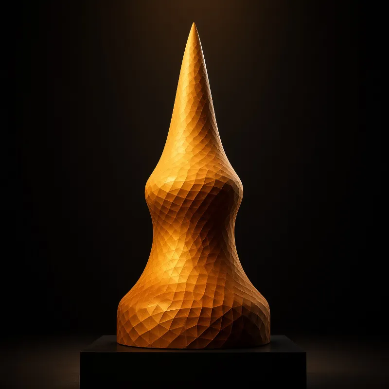 A low-poly amber form twists upward to a sharp point, its faceted surface catching warm light against a black backdrop.